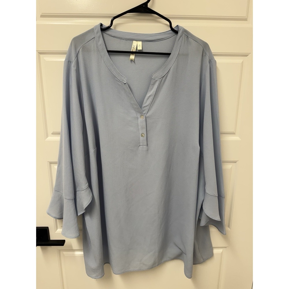 Chenault Women Plus Size 3X Blouse Light Blue Bell Sleeve Henley Top